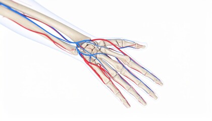 Anatomical Diagram of Human Hand with Vascular and Skeletal Structures on White Background