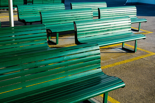 Row of benches on the Spokane ferry on Puget Sound, Washington