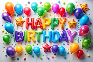 Happy birthday message spelled out in colorful balloons and letters, surrounded by festive decorations