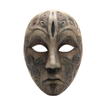Ornate tribal mask with decorative carvings evokes mystery against a transparent background, perfect for cultural or artistic themes.