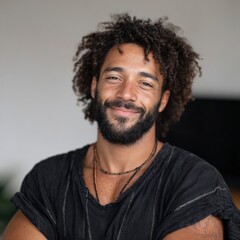Fototapeta premium Smiling man with curly hair and beard wearing a black shirt with necklaces arms crossed