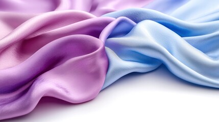 Purple and blue silk fabric texture, draped on white background, soft folds, fashion design