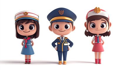 Three cartoon characters dressed in different uniforms standing side by side on a white background