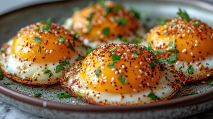 Sesame-crusted eggs breakfast plate, kitchen setting