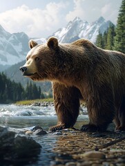 Obraz premium A strong bear is fishing by the river, with soft sunlight shining on it