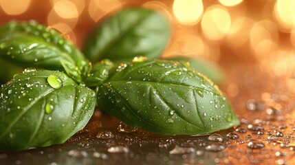 Fresh basil leaves with water droplets, bokeh background, food photography