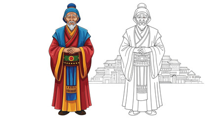 Proud Village Elder Coloring Page with Colored and Outline Versions for Art Projects