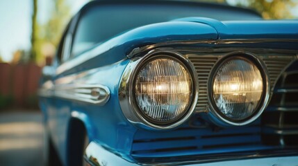 Classic car headlights, sunset glow, suburban backdrop, vintage vehicle detail