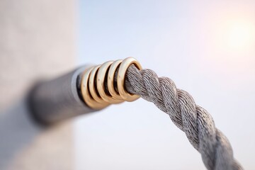 Close up of a braided metal cable passing through a gray cylindrical housing with golden rings