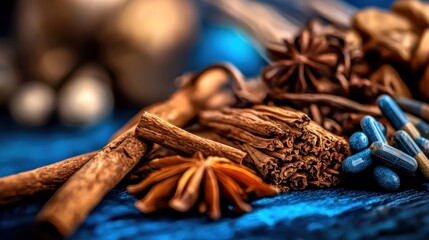 Cinnamon, star anise, and capsules on blue background.  Holistic health concept