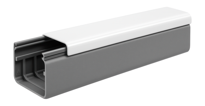 PVC cable trunking with a removable lid for easy access to cables in a commercial building.