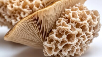 Close-up of two beige mushrooms, studio shot, white background, food photography