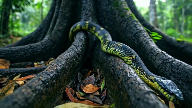 Striking serpent slithering across gnarled roots of ancient jungle tree with vibrant markings