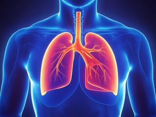 Illustration of a human chest and lungs, showing clear breaths in blue with a glowing red area for the lungs
