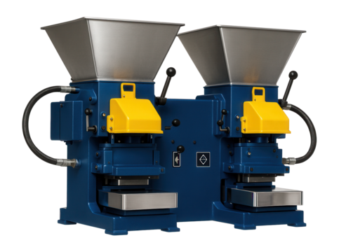 Dual-station molding machine with alternating sand fill and compaction cycles for efficient mold production in a foundry.