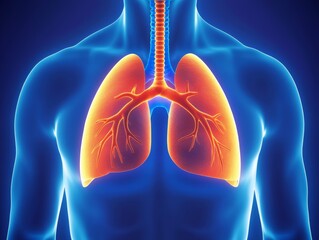 Illustration of a human chest and lungs, showing clear breaths in blue with a glowing red area for the lungs