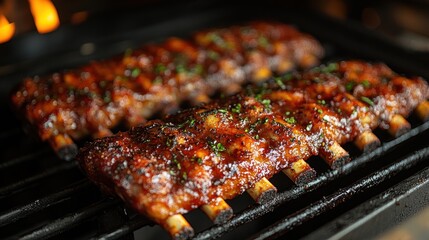 BBQ ribs grilling close-up, smoky background, delicious food