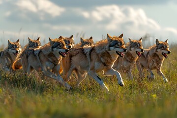 A pack of wolves runs across the grassland, bathed in soft sunlight
