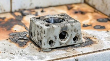 Burnt appliance part, smoke, rusty surface, damage