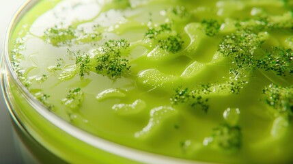 Green bacteria culture in petri dish, lab research