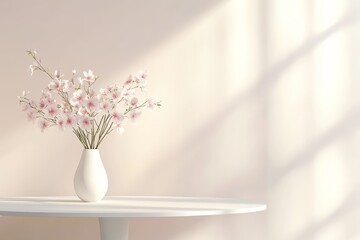 White table with delicate spring flowers in a vase
