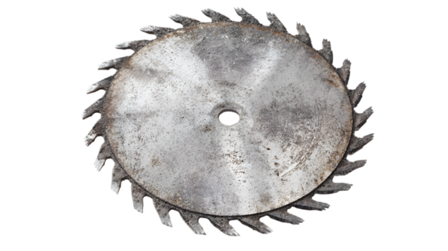 Close up of a circular saw blade showing its teeth and center hole against a black background