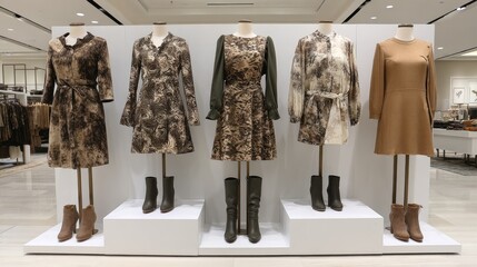 Display mannequin wearing earth-toned dresses labeled as flattering for honey skin