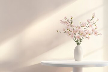 White table with delicate spring flowers in a vase