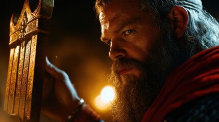 Viking warrior, night, holding ancient artifact, city background, historical game