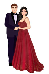 Beautiful Indian Couple Standing Wearing Tuxedo and Red Western Outfit 