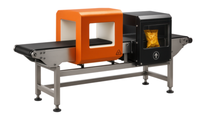 Metal detector conveyor with automatic rejection system for quality control in a chip packaging plant