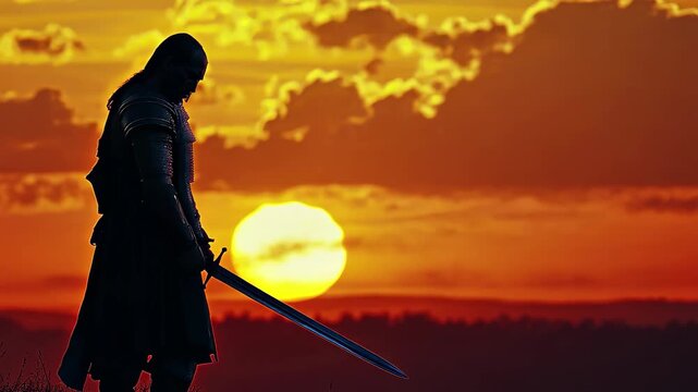 Silhouetted knight stands with sword raised against vibrant orange sunset, Silhouetted knight with sword against orange sunset sky Seamless ing time lapse