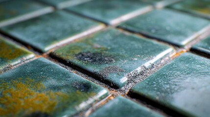 Close-up teal kitchen tiles, textured surface, grout lines