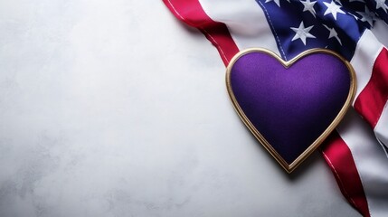 Purple heart medal on american flag symbolizing sacrifice and bravery