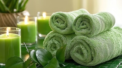Spa treatment rolled towels, candles, plants