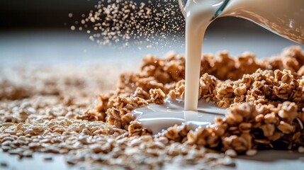 Milk pouring on granola and oats.  Breakfast food photography