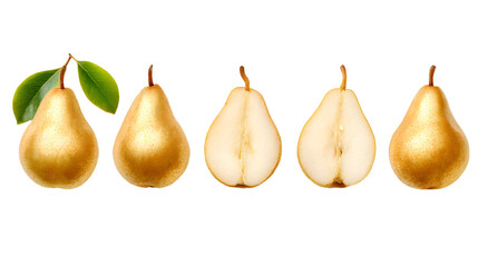 A series of golden pears showcasing their exterior and cross-section, emphasizing freshness and natural beauty