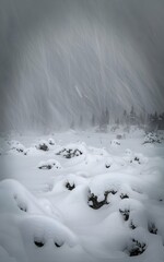 A cinematic and dramatic wide-angle photo of a snow-covered Yellowstone landscape with deep shadows, fog, and intense natural lighting.