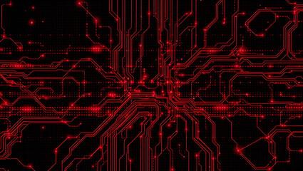 Abstract Red Circuit Board Design with lines, connections and nodes