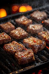 The sizzling meat on the grill emits an enticing aroma, with chili powder sprinkled over it