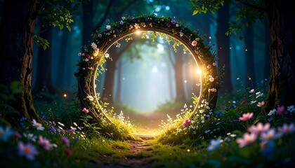 Mystical floral archway in a magical forest