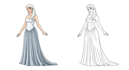 Fototapeta premium Swan Maiden Character Coloring Page with Colored and Outline Printable Design Art