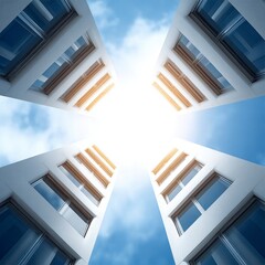 Obraz premium Four modern white buildings seen from below against a bright sky with clouds