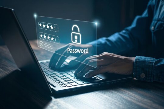 Person typing password on laptop with digital security interface overlay
