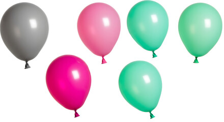 A vibrant assortment of colorful balloons in shades of pink, green, and gray, floating freely against a transparent background