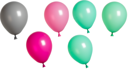 A vibrant assortment of colorful balloons in shades of pink, green, and gray, floating freely against a transparent background