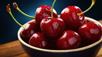 Fresh red cherries in bowl on wood.  Food photography