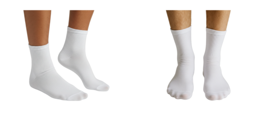 White cotton socks on caucasian female and male feet displayed on black background