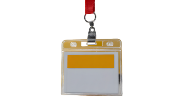 A clear id badge holder with a red lanyard and a yellow and white insert on a black background