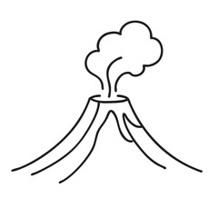 Simple Line Art Illustration of an Erupting Volcano with Smoke and Lava Flowing Down the Sides